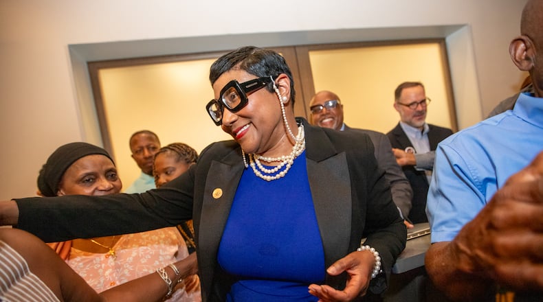 Lorraine Cochran-Johnson is elected DeKalb County CEO Tuesday, June 18, 2024.  Cochran-Johnson, the first African American women elected to the position, celebrates with her supporters at Hotel Spice & Sky Atlanta Perimeter in Chamblee.  (Jenni Girtman for The Atlanta Journal-Constitution)