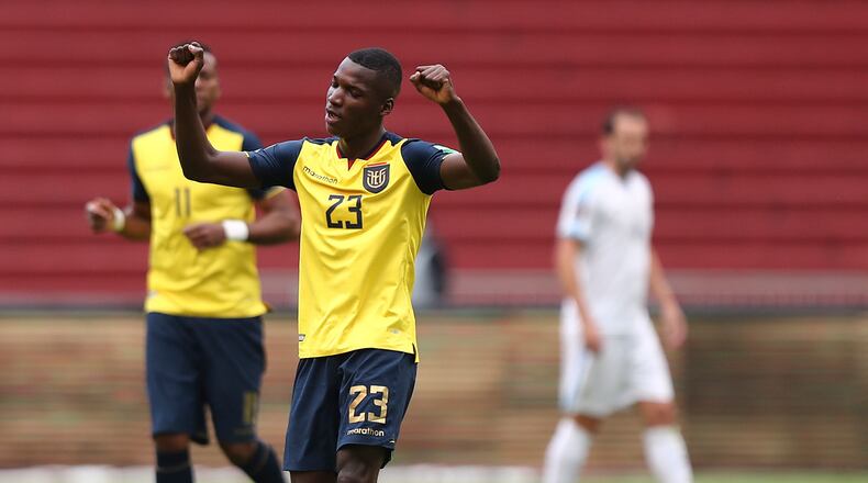 Ecuador's Moises Caicedo celebrates after scoring his side's opening goal during a qualifying soccer match against Uruguay for the FIFA World Cup Qatar 2022 Tuesday, Oct. 13, 2020, at the Casa Blanca stadium in Quito, Ecuador. (Jose Jacome/AP)