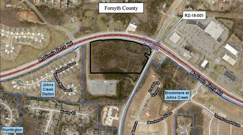 Map indicates the site of a proposed 42-unit townhome project with a two-story commercial building at McGinnis Ferry and Bell roads in Johns Creek. CITY OF JOHNS CREEK