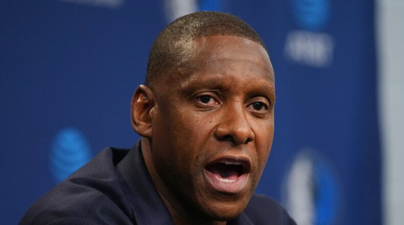 Mavericks President Masai Ujiri speaks to reporters during a news conference addressing the departure of the NBA basketball team's head coach Jason Kidd, Wednesday, May 20, 2026, in Dallas. (AP Photo/Julio Cortez)