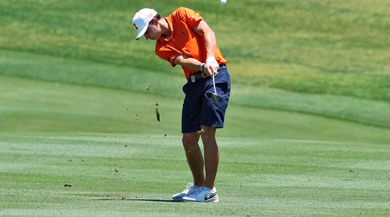 Illinois golfer Jackson Buchanan hits from the second fairway during the final round of the NCAA college men's stroke play golf championship, Monday, May 29, 2023, in Scottsdale, Ariz. (AP Photo/Matt York)
