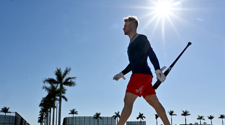 Atlanta Braves left fielder Jarred Kelenic walks to batting practice facility during spring training baseball workouts at CoolToday Park, Thursday, February, 15, 2024, in North Port, Florida. (Hyosub Shin / Hyosub.Shin@ajc.com)