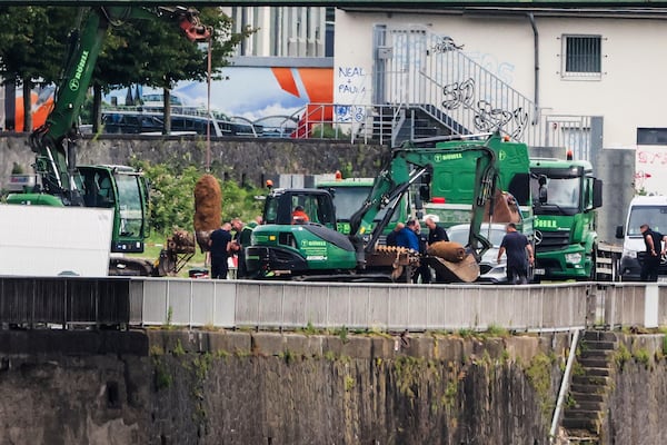 Two of the three unexploded World War II bombs are defused and prepared to be loaded onto vehicles for removal, Wednesday, June 4, 2025, in Cologne, Germany. ( Christoph Reichwein/dpa via AP)