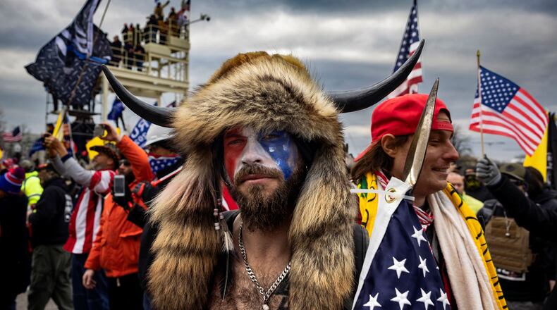 Jacob Anthony Angeli Chansley, known as the QAnon Shaman, amid the U.S. Capitol riot in Washington, D.C., on Jan. 6.