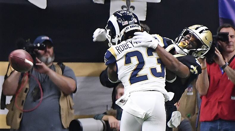 No penalty was called as Los Angeles Rams cornerback Nickell Robey-Coleman defends New Orleans Saints receiver Tommylee Lewis in the NFC Championship game Sunday, Jan. 20, 2019, at the Superdome in New Orleans.