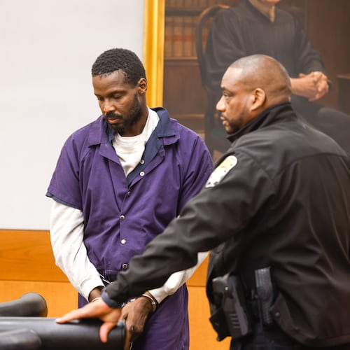 Ciarre Campbell (left) appears in a Fulton County courtroom on Tuesday, July 21, 2026, in Atlanta. Ciarre Campbell, brother of NFL player Calais Campbell, is charged with murder in the June death of his mother, Nateal Campbell. (Arvin Temkar/AJC)