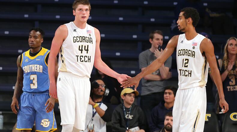 Georgia Tech center Ben Lammers gets five from forward Quinton Stephens during a 77-62 victory over the Southern Jaguars in an NCAA college basketball game at McCamish Pavilion on Monday, Nov. 14, 2016, in Atlanta. Curtis Compton/ccompton@ajc.com