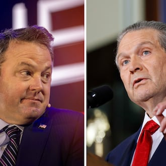 Lt. Gov. Burt Jones (left) and Rick Jackson are among the Republican candidates for governor. (Arvin Temkar and Miguel Martinez/AJC)