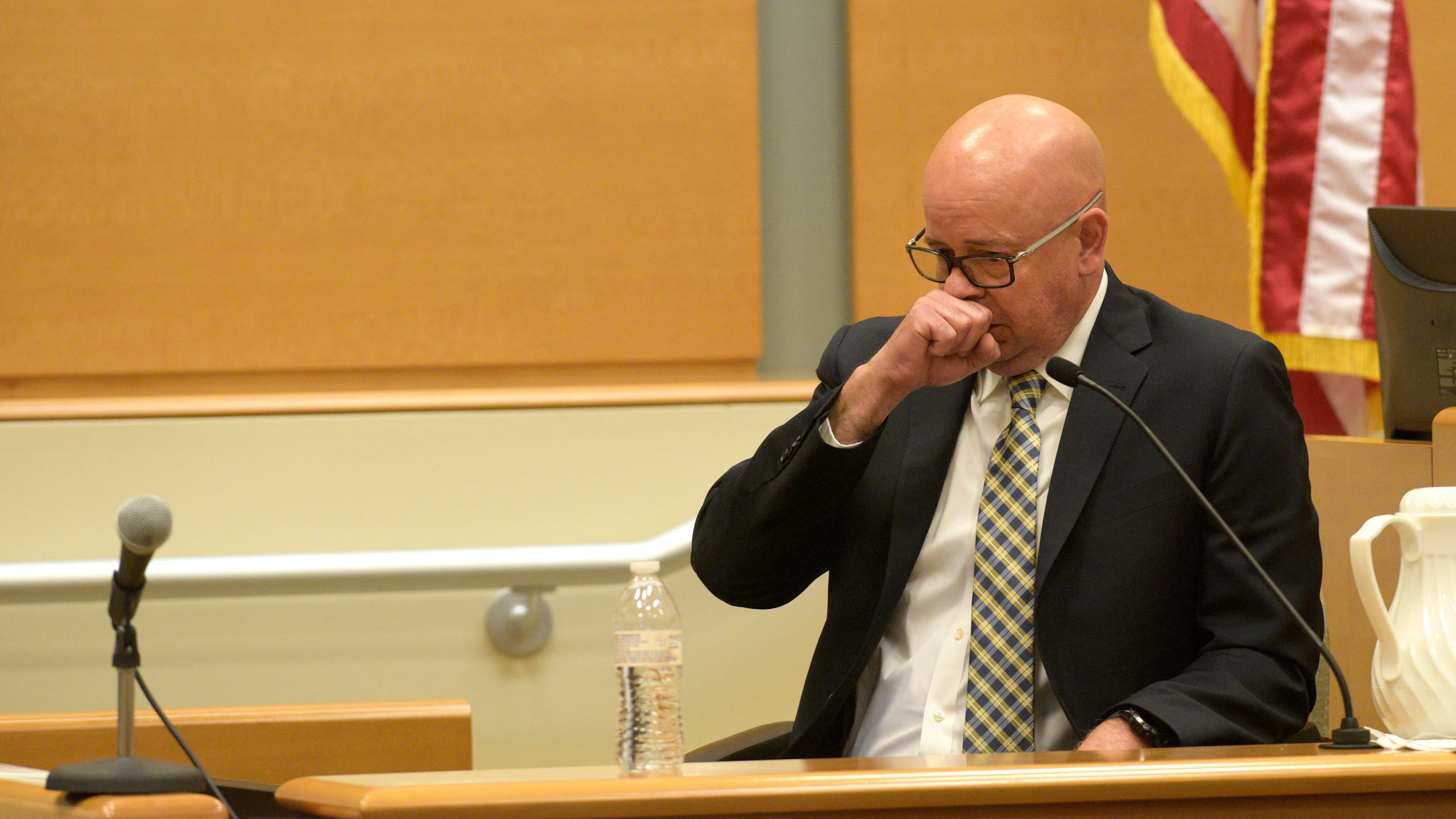FILE - FBI agent William Aldenberg tries to compose himself while testifying during the first day of Alex Jones' Sandy Hook defamation damages trial at Waterbury Superior Court, Sept. 13, 2022, in Waterbury, Conn. (H John Voorhees III/Hearst Connecticut Media via AP, File)