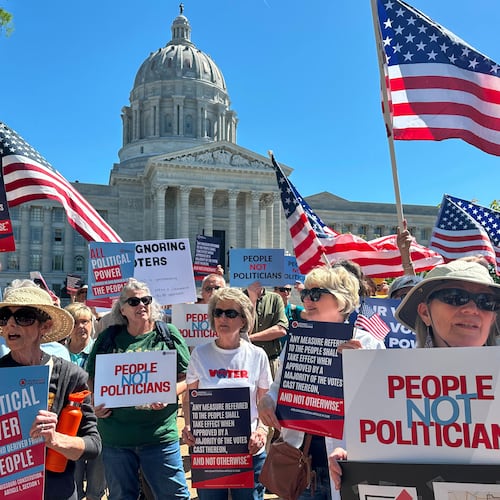FILE - Protesters against a Missouri congressional redistricting plan gather outside the Missouri Capitol on May 12, 2026, in Jefferson City, Mo. (AP Photo/David A. Lieb, File)