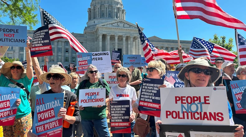 FILE - Protesters against a Missouri congressional redistricting plan gather outside the Missouri Capitol on May 12, 2026, in Jefferson City, Mo. (AP Photo/David A. Lieb, File)