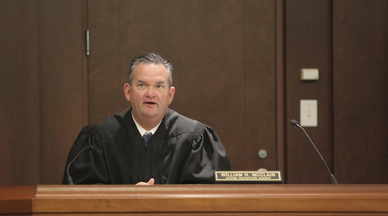 Superior Court Judge William McClain announces lengthy prison terms for Jose Torres and Kayla Norton at the Douglas County Courthouse in Douglasville on Monday, Feb. 27, 2017. Torres and Norton were part of a group of whites who terrorized a black child’s birthday party with Confederate flags, racial slurs and armed threats. (Henry P. Taylor/Atlanta Journal-Constitution via AP)