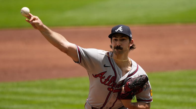Atlanta Braves pitcher Spencer Strider throws during the first inning of a baseball game against the Cincinnati Reds in Cincinnati, Sunday, May 31, 2026. (AP Photo/Carolyn Kaster)