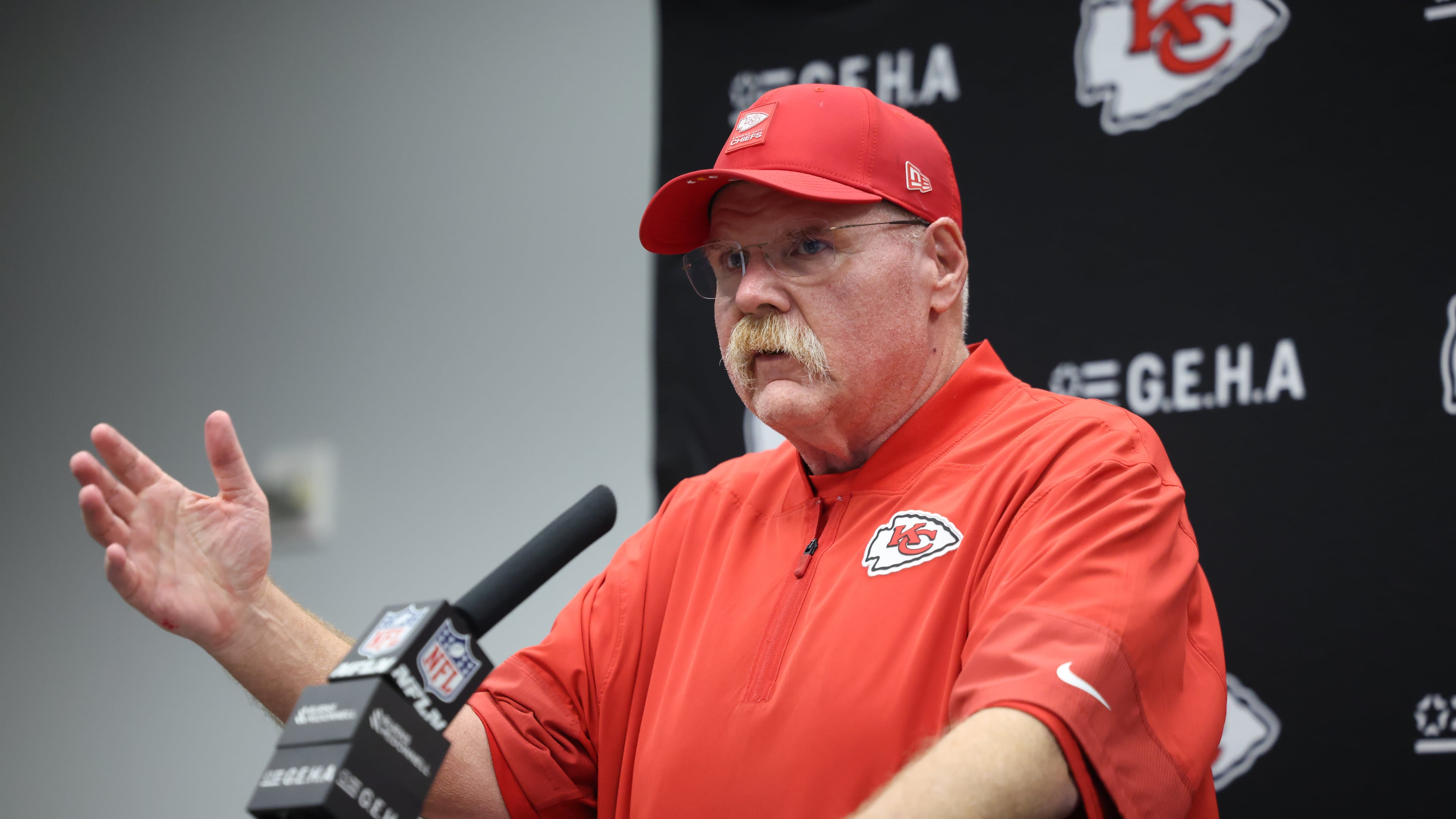 Kansas City Chiefs head coach Andy Reid speaks during a news conference following an NFL football game against the Dallas Cowboys Thursday, Nov. 27, 2025, in Arlington, Texas. (AP Photo/Gareth Patterson)