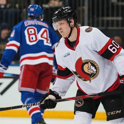 Ottawa Senators' Lassi Thomson (60) reacts after getting hurt during the second period of an NHL hockey game against the New York Rangers Monday, March 23, 2026, in New York. (AP Photo/Frank Franklin II)