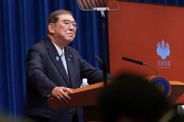 Japan Prime Minister Shigeru Ishiba speaks during a news conference at the Prime Minister's office in Tokyo, Japan, Tuesday, April 1, 2025. (Nicolas Datiche/Pool Photo via AP)