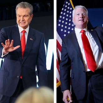 Republican gubernatorial nominee Rick Jackson (left) and Republican nominee for U.S. Senate Mike Collins made appearances at the Tillman Rally. (Jason Getz and Miguel Martinez/AJC)