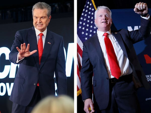 Republican nominee for governor Rick Jackson (left) and Republican nominee for U.S. Senate Mike Collins. (Jason Getz and Miguel Martinez/AJC)