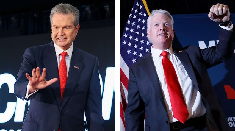 Republican gubernatorial nominee Rick Jackson (left) and Republican nominee for U.S. Senate Mike Collins made appearances at the Tillman Rally. (Jason Getz and Miguel Martinez/AJC)