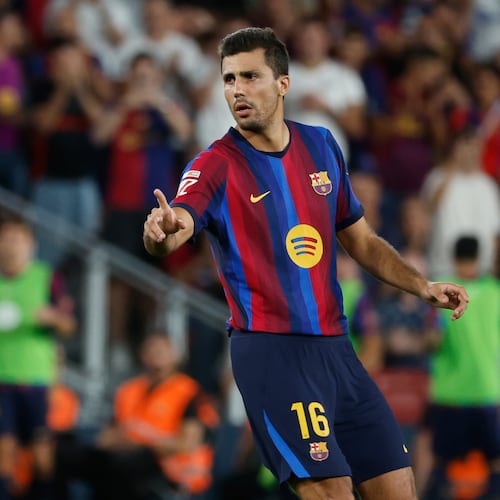 Barcelona's Rodrigo gestures during a Spanish La Liga soccer match between Barcelona and Athletic in Barcelona, Spain, Thursday, Aug. 27, 2026. (AP Photo/Joan Monfort)