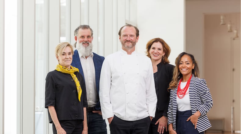 Chef Craig Richards is partnering with the Woodruff Arts Center to open Elise in 2025. Those involved include (from left) Hala Moddelmog, president and CEO of the Woodruff Arts Center; Chris Blackburn, director of hospitality for Elise; chef Craig Richards; Susan Ambo, CFO of the Atlanta Symphony; and Tinashe Kajese-Bolden, Alliance Theatre artistic director. / Courtesy of Elise