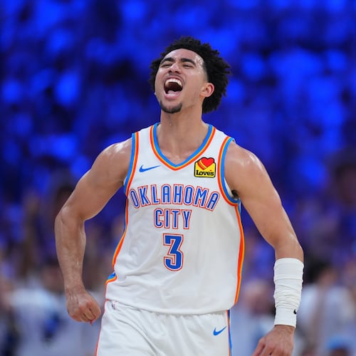 Oklahoma City Thunder guard Jared McCain (3) reacts to a basket against the San Antonio Spurs in the second half of Game 5 in the Western Conference finals NBA basketball playoffs series, Tuesday, May 26, 2026, in Oklahoma City. (AP Photo/Julio Cortez)