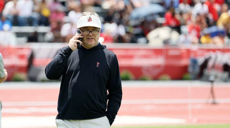 Georgia football coach Kirby Smart was spotted at the GHSA track and field state championship at UGA Spec Towns Track on Monday, May 11, 2026, in Athens. (Miguel Martinez/AJC)