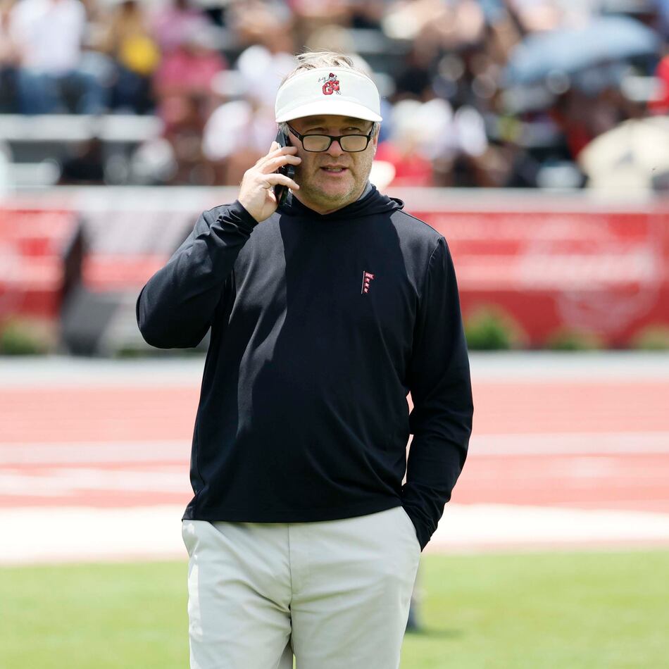 Georgia football coach Kirby Smart was spotted at the GHSA track and field state championship at UGA Spec Towns Track on Monday, May 11, 2026, in Athens. (Miguel Martinez/AJC)