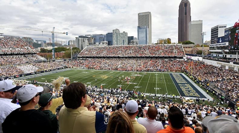 Football fans watch during the first half of an NCAA college football game between Georgia Tech and Miami at Georgia Tech's Bobby Dodd Stadium, Saturday, November 9, 2024, in Atlanta. Georgia Tech won 28-23 over Miami. (Hyosub Shin / AJC)
