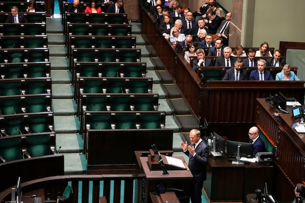 Poland's Prime Minister Donald Tusk addresses the Polish parliament on Wednesday, June 11, 2025, in Warsaw, Poland. (AP Photo/Czarek Sokolowski)