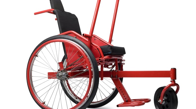 The Leveraged Freedom Chair was developed for wheelchair users who need to use chairs in difficult terrain, an instance of design adapting to meet human need, the theme of the Museum of Design Atlanta’s exhibition “Beautiful Users.” CONTRIBUTED BY COOPER HEWITT, SMITHSONIAN DESIGN MUSEUM