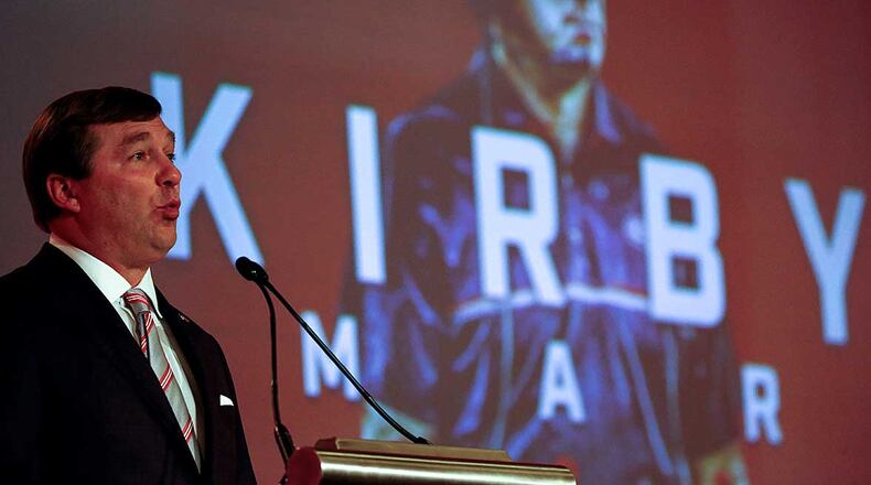 UGA football coach Kirby Smart talks about the upcoming season during his appearance at SEC Media Days Tuesday in Hoover, Ala.
