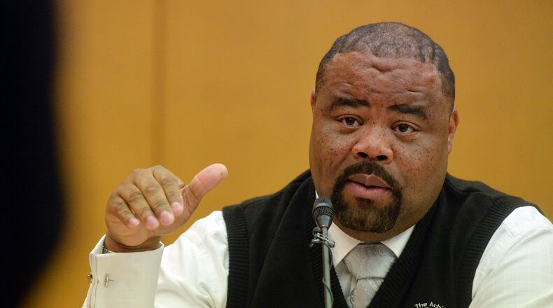 Former Parks Middle School Principal Christopher Waller testifies Monday in the Atlanta Public Schools test-cheating trial before Judge Jerry Baxter in Fulton County Superior Court. The resumption of testimony followed a weeklong holiday break. Waller, originally one of the defendants in the case, pleaded guilty to lesser charges earlier this year. (Kent D. Johnson, The Atlanta Journal-Constitution)