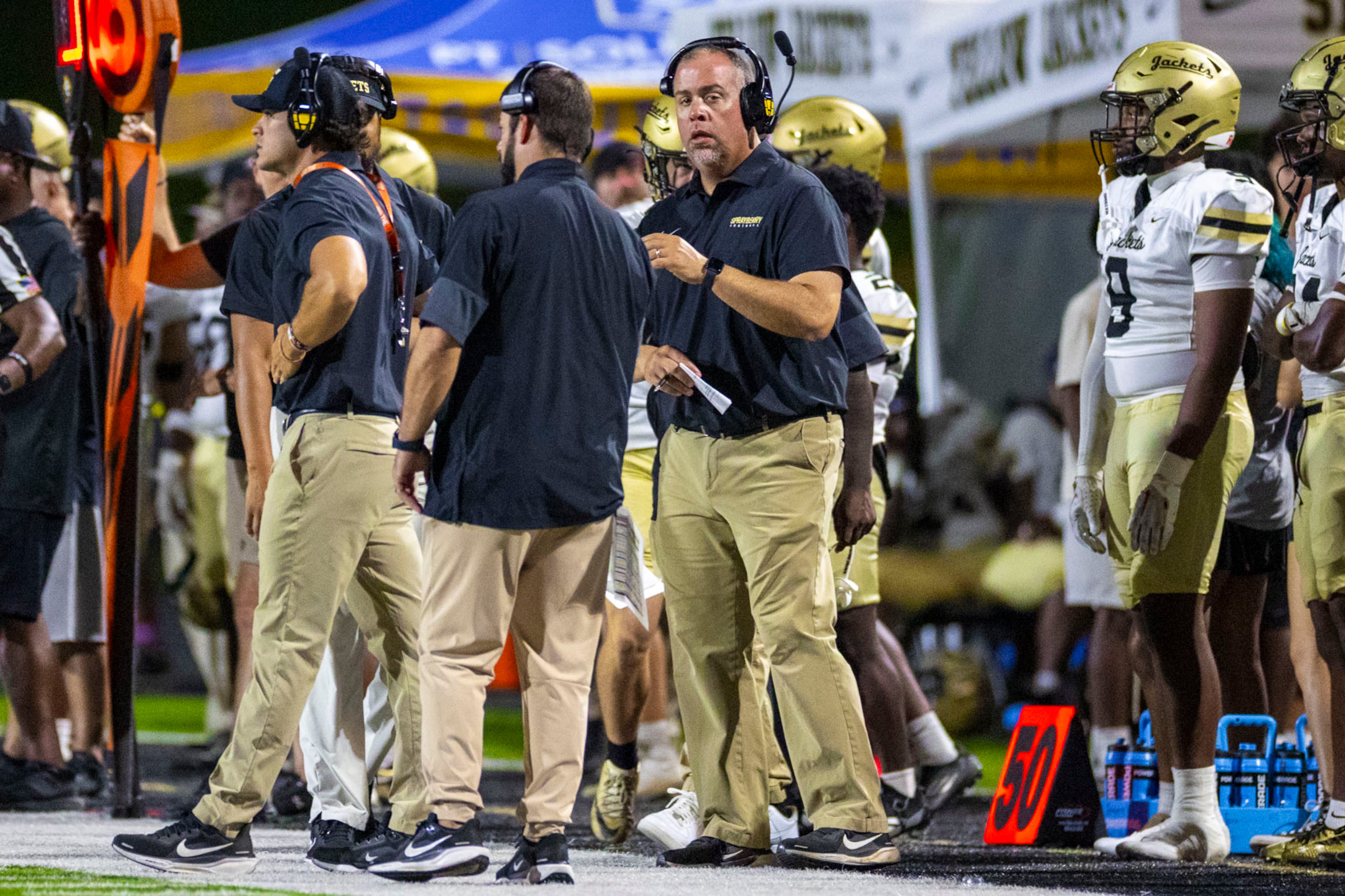 Sprayberry head coach Pete Fominaya looks on during the second half against Sequoyah at Skip Pope Stadium in Canton, GA on Friday, Sept. 12th, 2025. (Oscar Guevara Saenz for the Atlanta Journal Constitution)