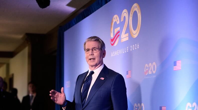 Treasury Secretary Scott Bessent speaks to reporters at the G20 Finance Ministerial in Asheville, N.C., Tuesday, Sept. 1, 2026.(AP Photo/Gerald Herbert)