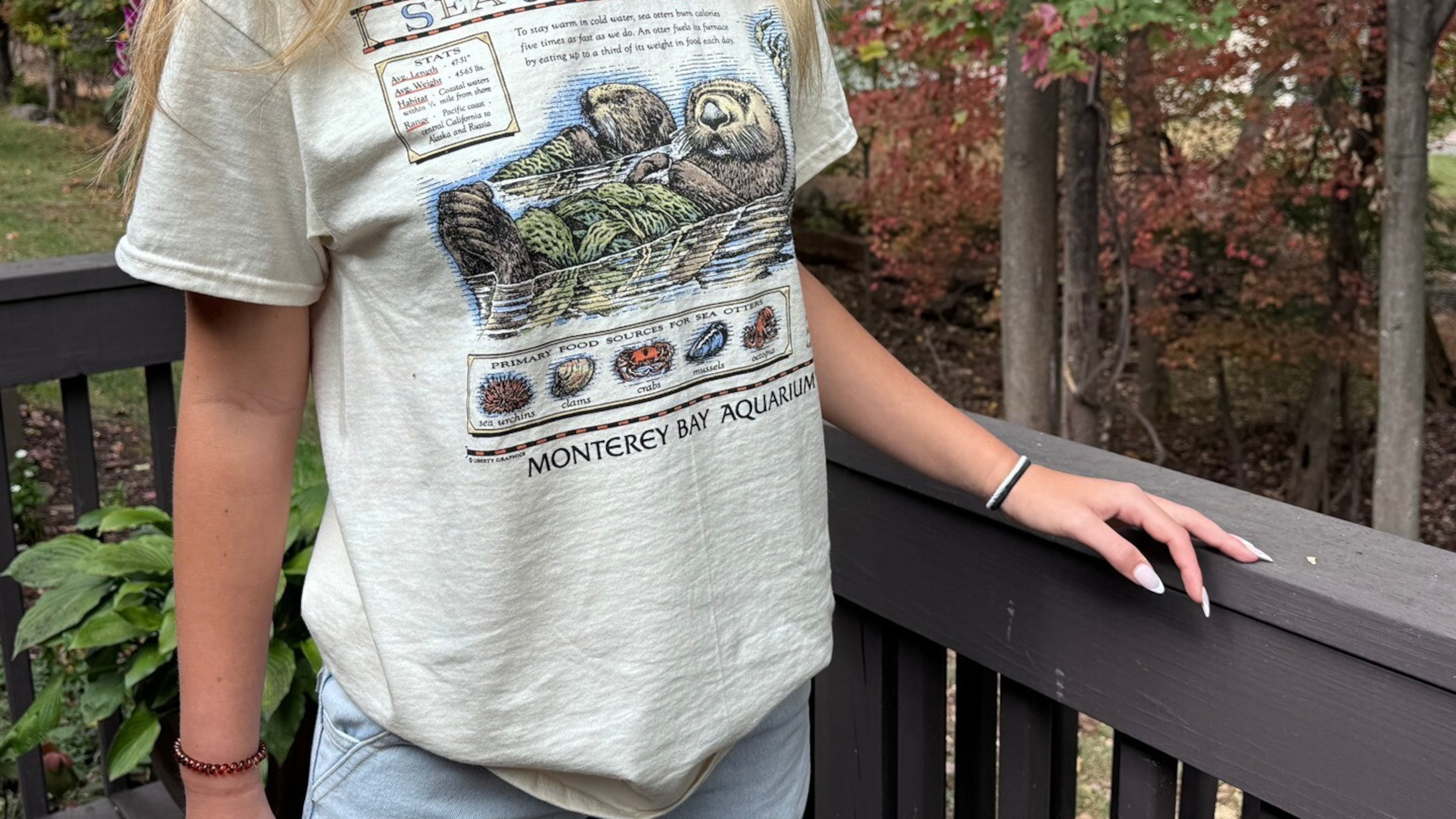 This undated photo provided by the Monterey Bay Aquarium shows a person wearing the re-released Monterey Bay Aquarium t-shirt on Wednesday, Oct. 15, 2025, in Pacific Grove, Calif. (Monterey Bay Aquarium via AP)