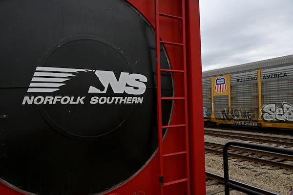 A Norfolk Southern’s Safety Train sits near a Union Pacific car (right) on Wednesday, March 24, 2026, in Atlanta. (Hyosub Shin/AJC)