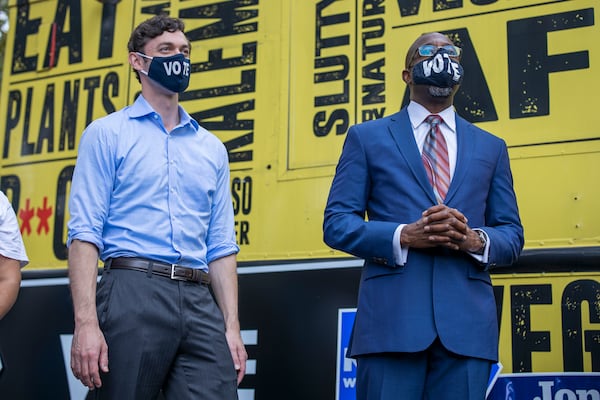 Democratic Georgia US Senate candidates Reverend Raphael Warnock (R) and Jon Ossoff (L) participate in a campaign event in Jonesboro, Georgia, USA, 27 October 2020. Warnock is running against Republican Senator Kelly Loeffler and Ossoff is running against Republican Senator David Perdue. ERIK LESSER / EUROPEAN PRESSPHOTO AGENCY
