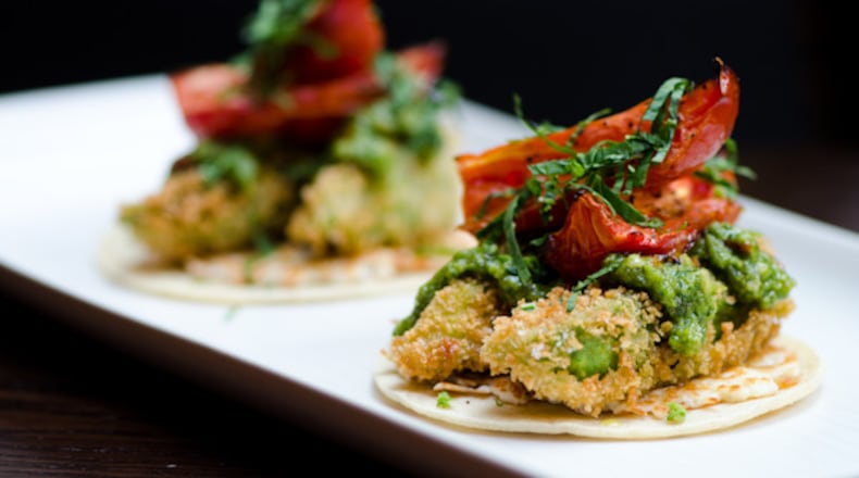 Fried Avocado Taco with Crispy Cotija, Roasted Tomato, Poblano Pesto, and Epazote