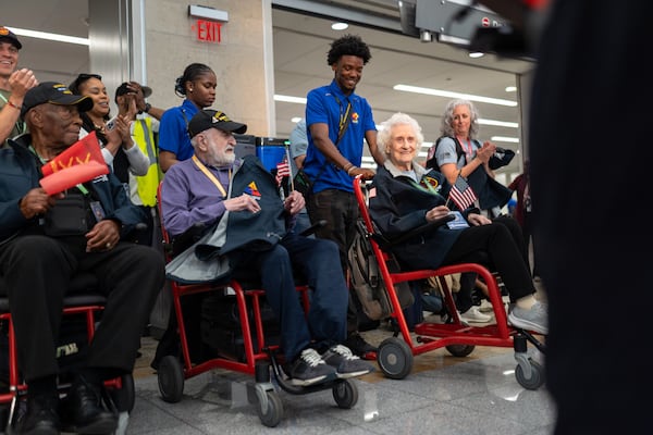 World War Two veterans arrive at Hartsfield-Jackson International airport for the Normandy Legacy Flight to Normandy, France on the 81st anniversary of the D-Day invasion.  Saturday, May 31, 2025 (Ben Hendren for the Atlanta Journal-Constitution)