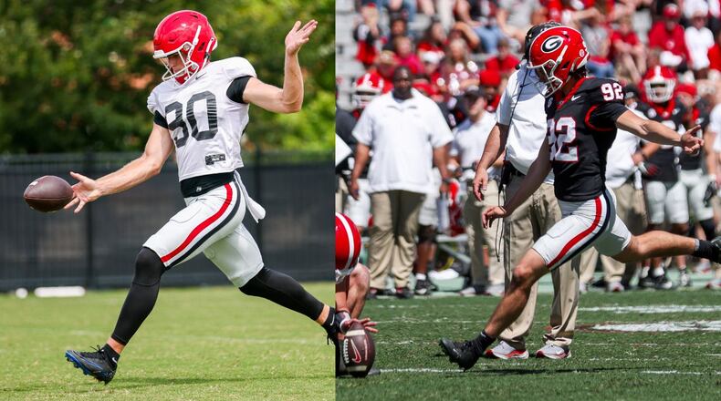 Kirby Smart indicated Drew Miller (90) would be the next punter up after Brett Thorson (92) suffered a season-ending injury. (Photos courtesy of UGA Athletics)