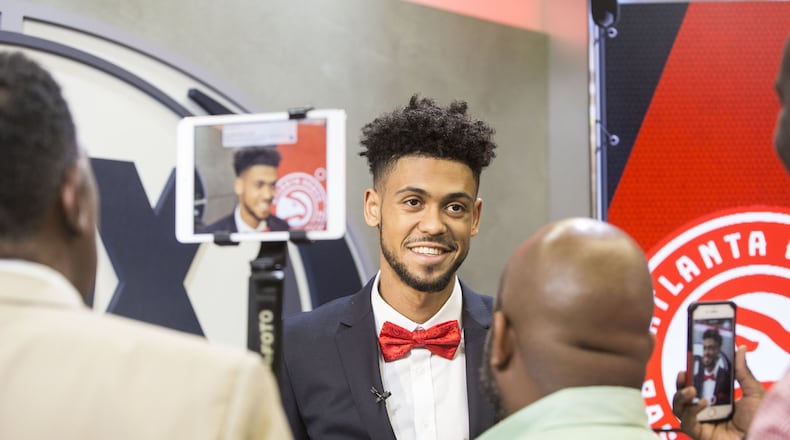 The Atlanta Hawks’ 41st draft pick, Tyler Dorsey, talks to the press individually after the general press conference ends. Chad Rhym/ Chad.Rhym@ajc.com