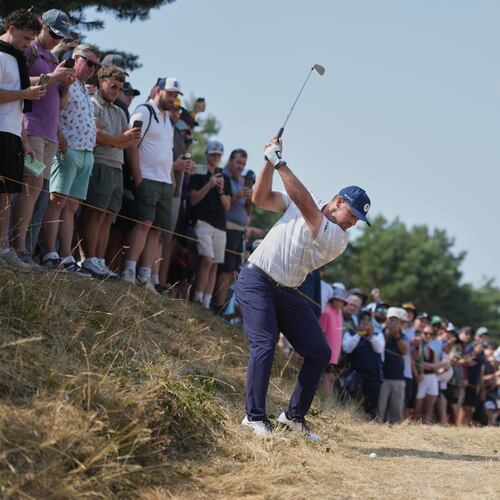 Bryson DeChambeau of the United States plays from the rough on the 1st hole during the third day of the British Open Golf championships at Royal Birkdale golf club, in Southport, England, Saturday, July 18, 2026. (AP Photo/Jon Super)