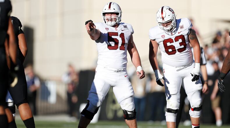Stanford Cardinal center Drew Dalman (51) in the second half of an NCAA college football game Saturday, Nov. 9, 2019, in Boulder, Colo. Colorado won 16-13. (AP Photo/David Zalubowski)