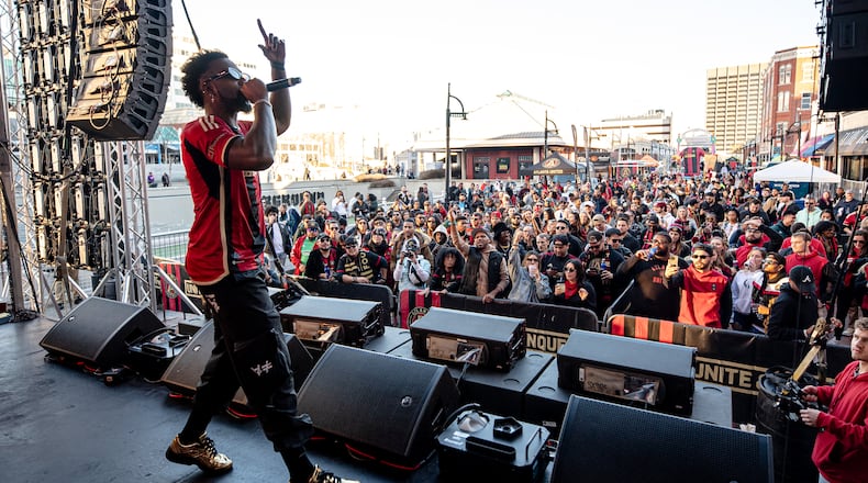 Atlanta United’s annual block parties feature live entertainment, with Roscoe Dash pictured as he performed in 2023. (Courtesy)