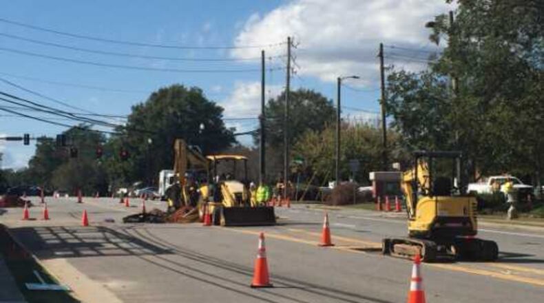 A gas line break on Academy Street in Alpharetta will force a section of the road to close overnight.