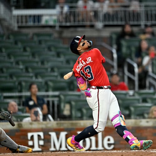 Atlanta Braves outfielder Ronald Acuña Jr. pops out to end the ninth inning of a baseball game at Truist Park, Friday, September 26, 2025, in Atlanta. Pittsburgh Pirates won 9-3 over Atlanta Braves. (Hyosub Shin/AJC)