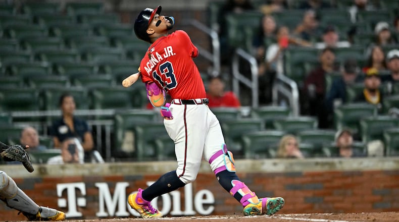Atlanta Braves outfielder Ronald Acuña Jr. pops out to end the ninth inning of a baseball game at Truist Park, Friday, September 26, 2025, in Atlanta. Pittsburgh Pirates won 9-3 over Atlanta Braves. (Hyosub Shin/AJC)