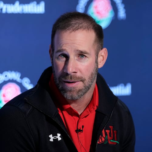 FILE - Utah defensive coordinator Morgan Scalley fields questions during a news conference ahead of the Rose Bowl NCAA college football game against Penn State Dec. 29, 2022, in Los Angeles. (AP Photo/Marcio Jose Sanchez, File)