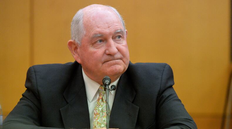 NOVEMBER 10, 2014 ATLANTA Former Georgia Governor Sonny Perdue testifies Monday morning. Testimony continues in the Atlanta Public Schools test-cheating trial before Judge Jerry Baxter in Fulton County Superior Court, Monday, November 10, 2014. (Atlanta Journal-Constitution, Kent D. Johnson, Pool) Sonny Perdue testifies in the trial his investigation spawned, Atlanta, November 2014.